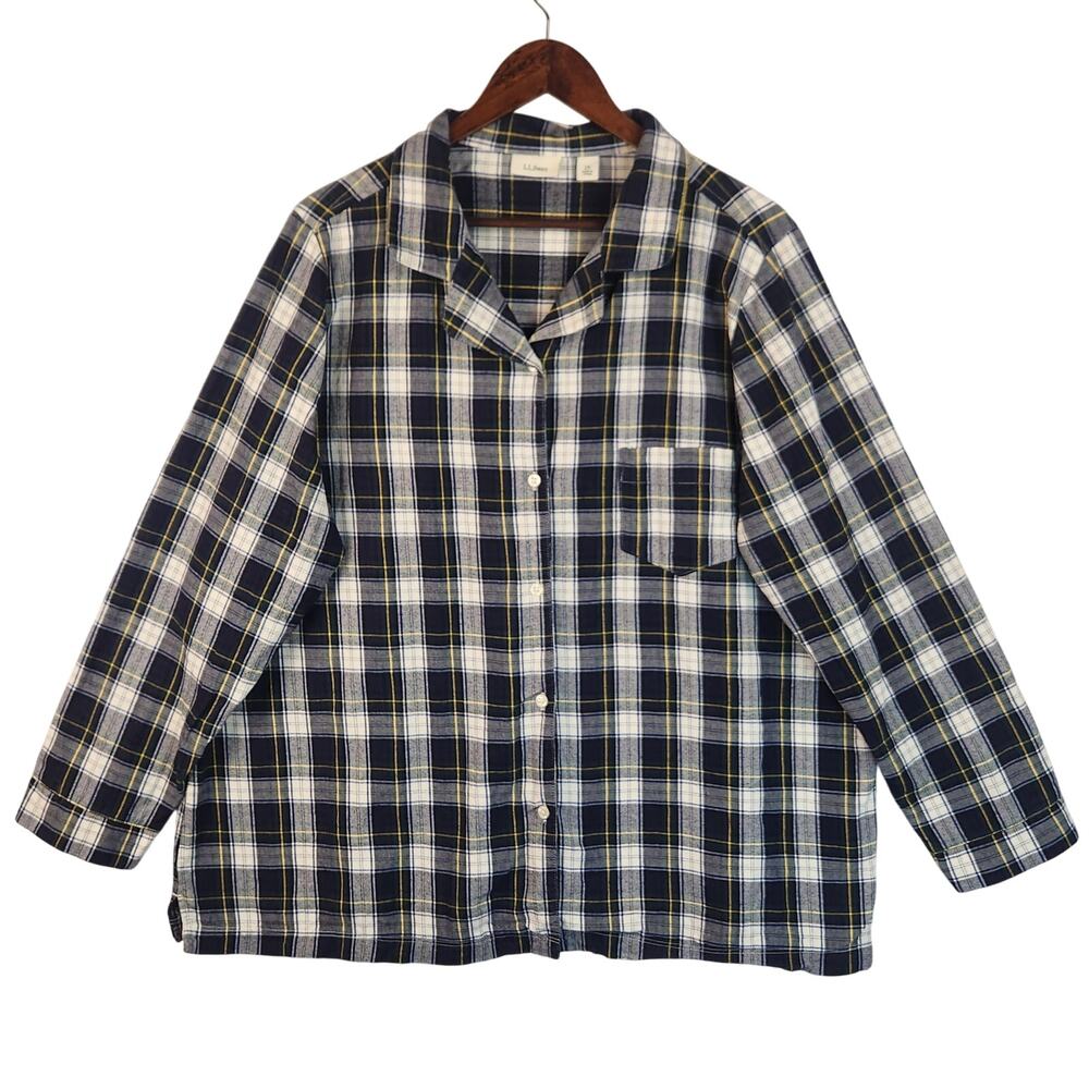 LL Bean Button Up Pajama Top Womens 2X Blue Plaid Long Sleeve Cotton Flannel EUC